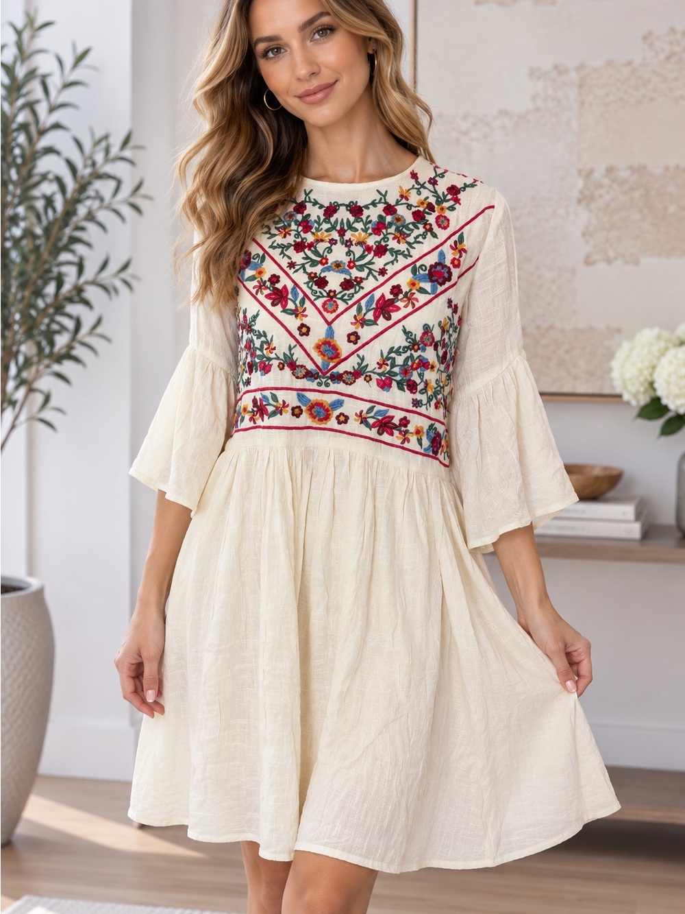 Umgee Cream Mini Dress with Multicolor Floral Embroidery